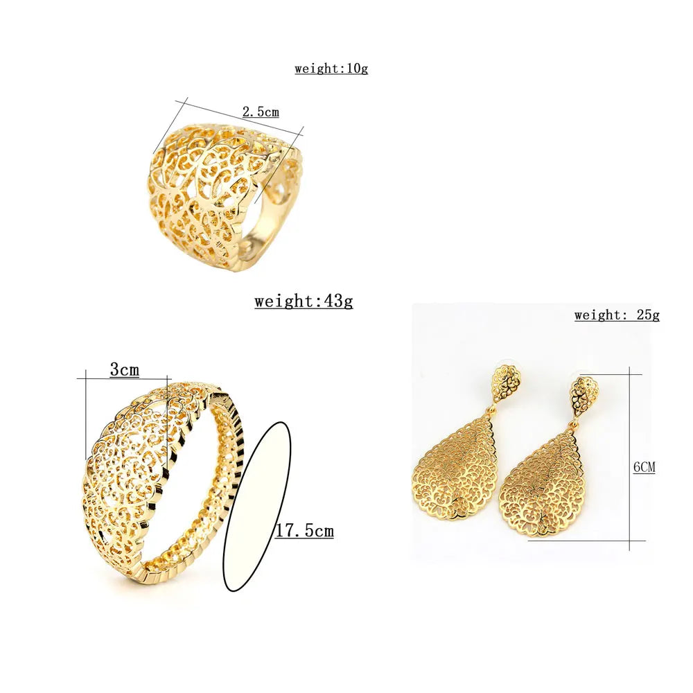 Arabian Bridal Jewelry Set — Gold Hollow Bangle, Necklace, Earrings & Ring for Women