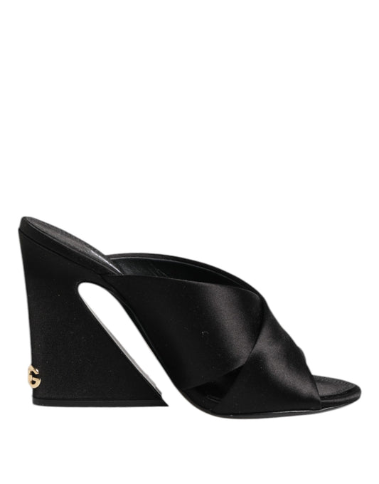 Dolce & Gabbana Black Logo KEIRA Satin Slides Sandals Shoes
