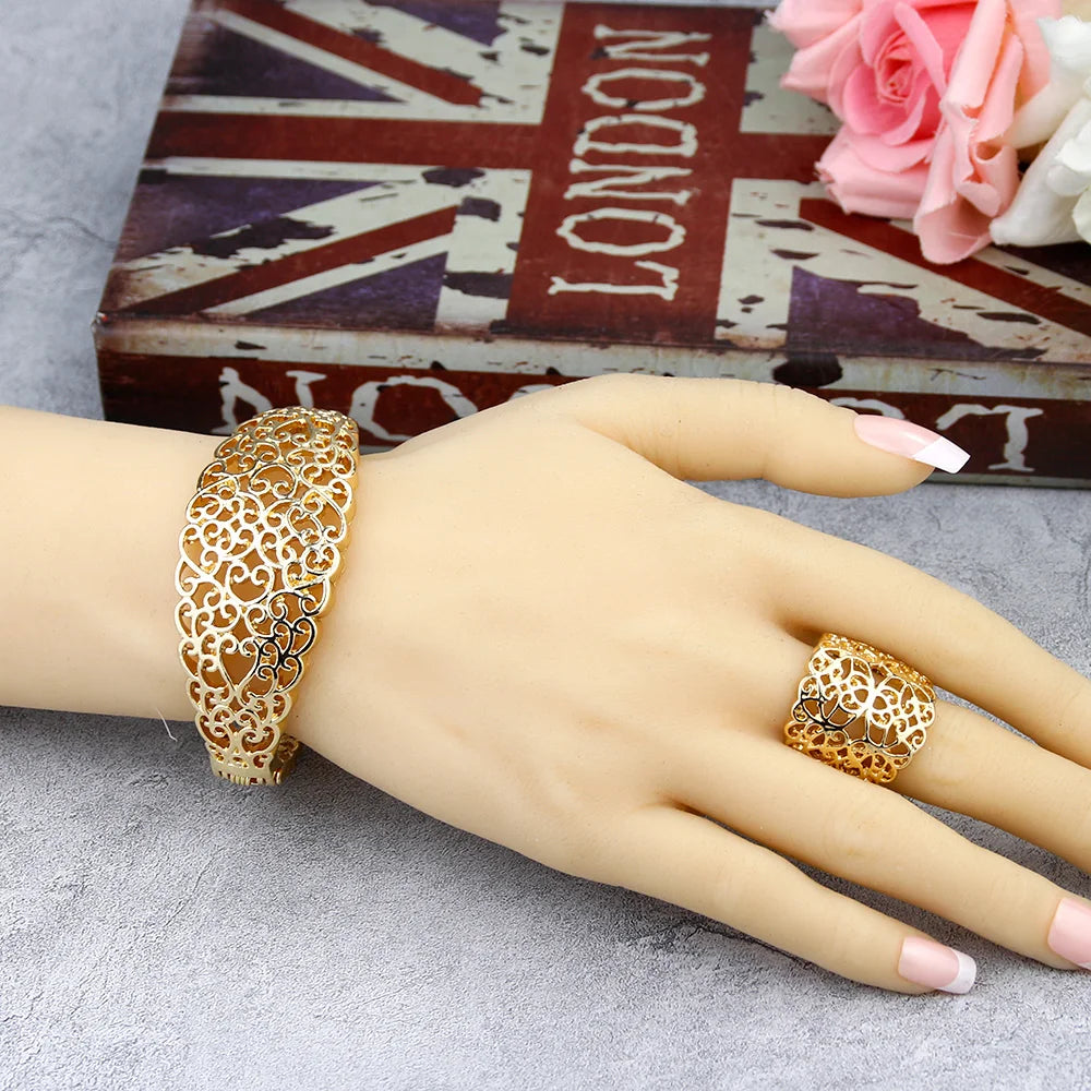 Arabian Bridal Jewelry Set — Gold Hollow Bangle, Necklace, Earrings & Ring for Women