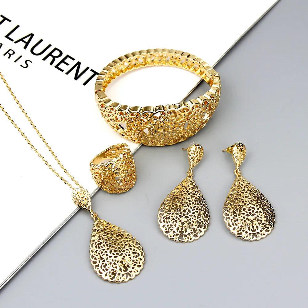 Arabian Bridal Jewelry Set — Gold Hollow Bangle, Necklace, Earrings & Ring for Women
