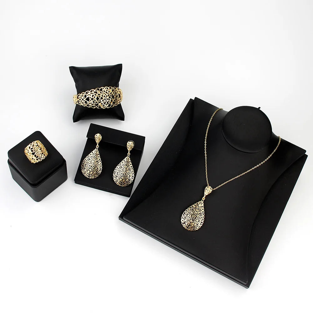 Arabian Bridal Jewelry Set — Gold Hollow Bangle, Necklace, Earrings & Ring for Women