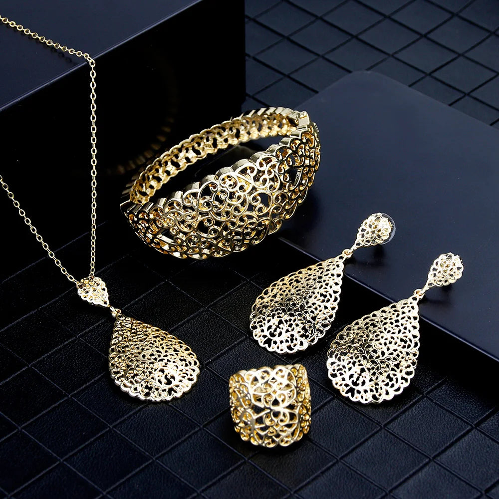 Arabian Bridal Jewelry Set — Gold Hollow Bangle, Necklace, Earrings & Ring for Women