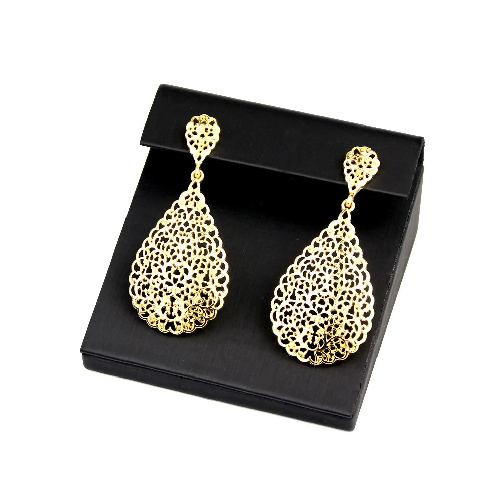 Arabian Bridal Jewelry Set — Gold Hollow Bangle, Necklace, Earrings & Ring for Women