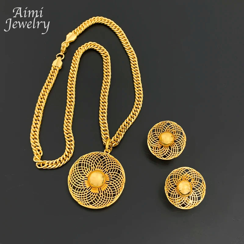 Dubai Bridal Gold Pendant Necklace & Hoop Earring Set