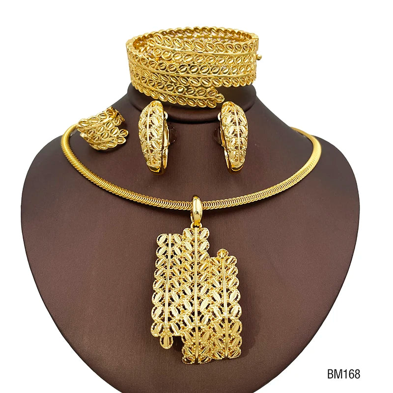 Dubai Gold Luxury Leaf Jewelry Set — Necklace, Earrings, Bangle & Ring