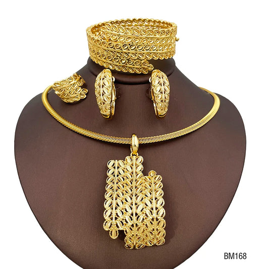 Dubai Gold Luxury Leaf Jewelry Set — Necklace, Earrings, Bangle & Ring