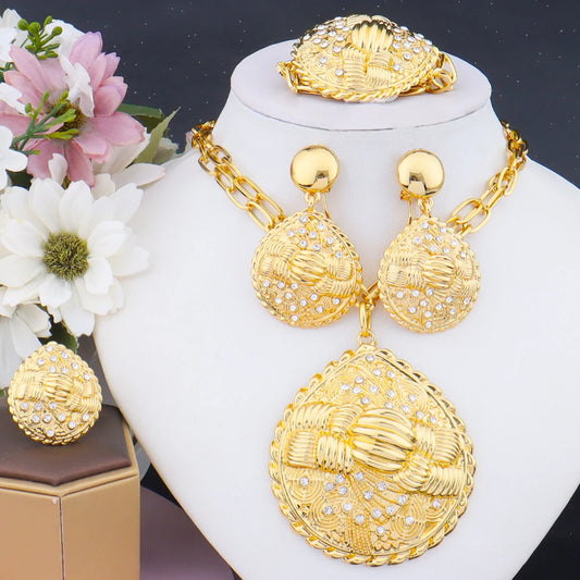 Dubai African Bridal Jewelry Set — Gold Plated Necklace Earrings Bracelet Ring for Women