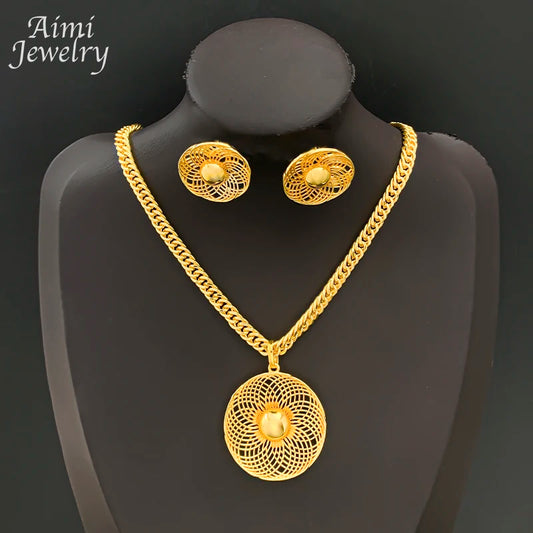 Dubai Bridal Gold Pendant Necklace & Hoop Earring Set