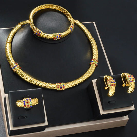 Women's Jewelry 4-Piece Round Necklace Bracelet Earrings Ring Gold Classic Dubai Luxury 18k Gold-Plated