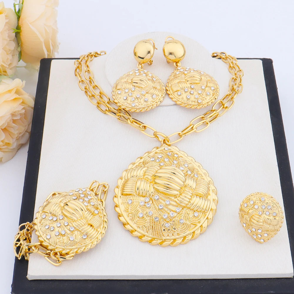 Dubai African Bridal Jewelry Set — Gold Plated Necklace Earrings Bracelet Ring for Women