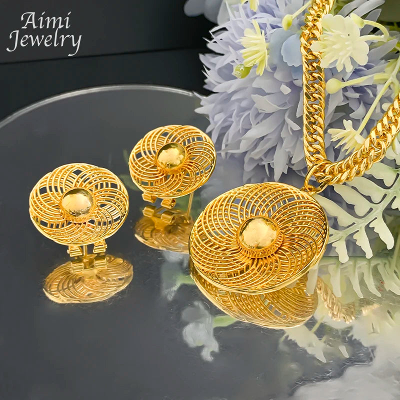 Dubai Bridal Gold Pendant Necklace & Hoop Earring Set
