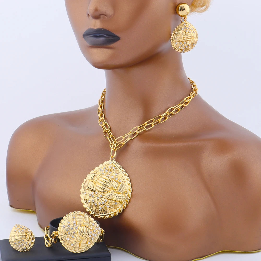 Dubai African Bridal Jewelry Set — Gold Plated Necklace Earrings Bracelet Ring for Women