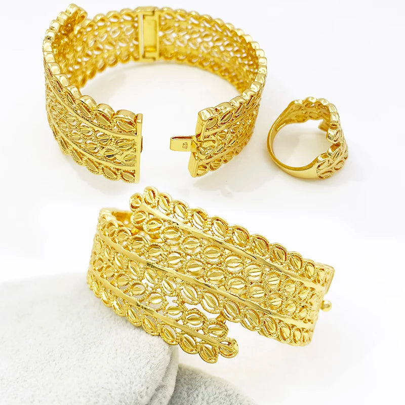 Dubai Gold Luxury Leaf Jewelry Set — Necklace, Earrings, Bangle & Ring