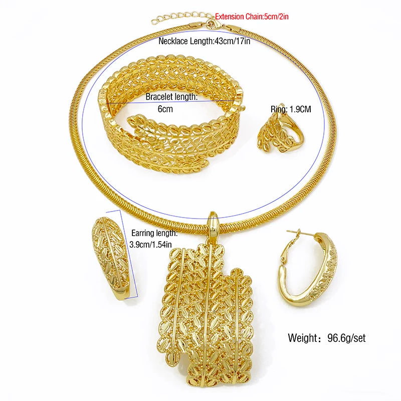 Dubai Gold Luxury Leaf Jewelry Set — Necklace, Earrings, Bangle & Ring
