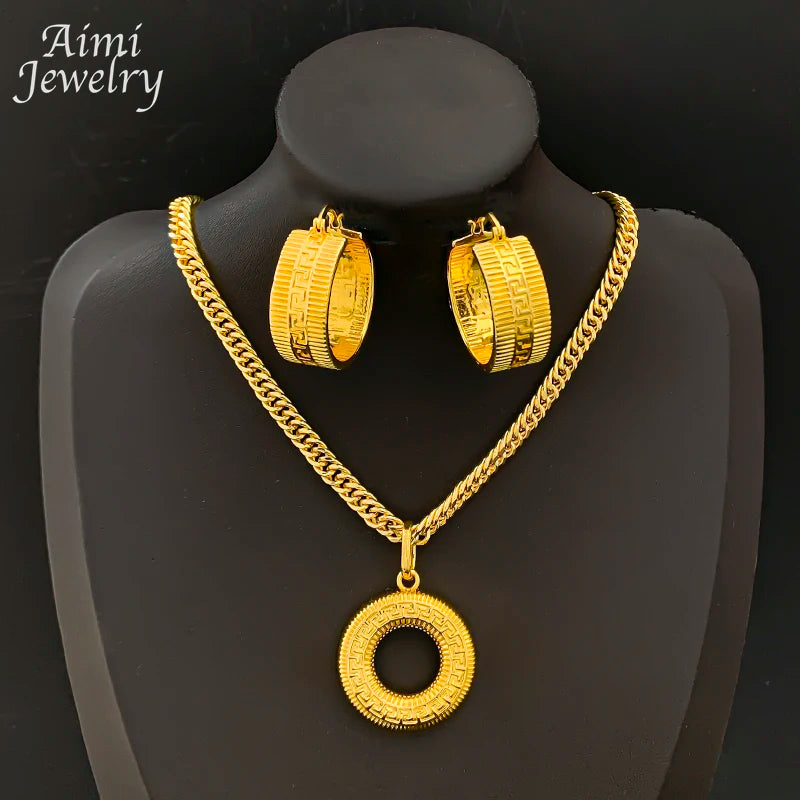 Dubai Bridal Gold Pendant Necklace & Hoop Earring Set