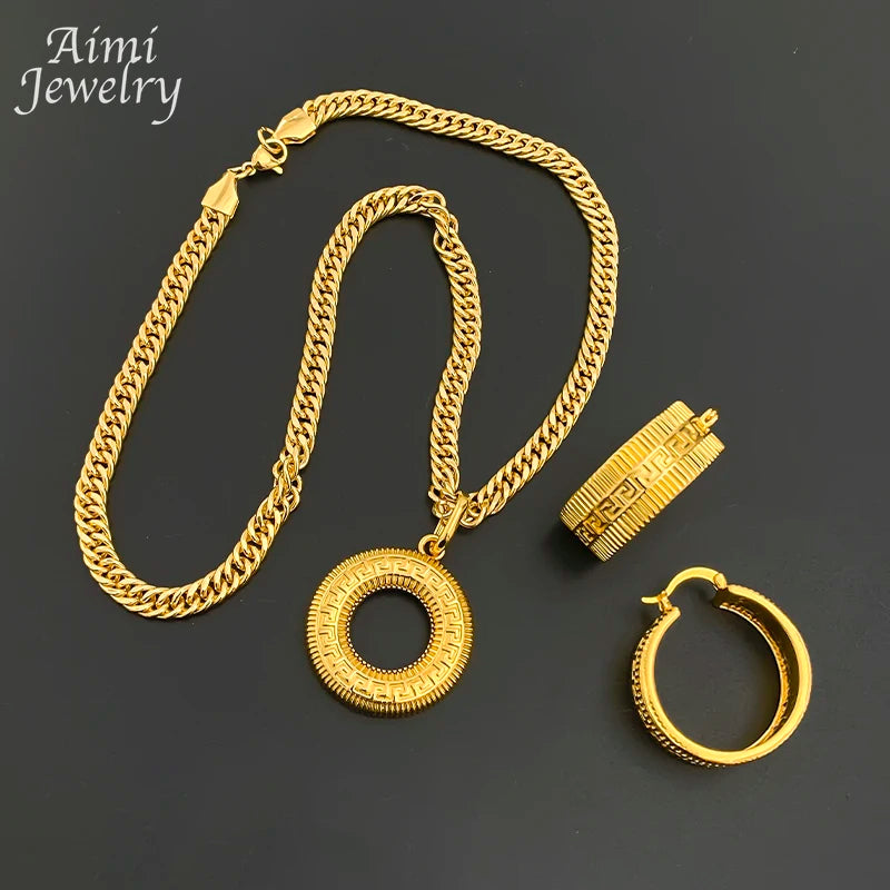 Dubai Bridal Gold Pendant Necklace & Hoop Earring Set
