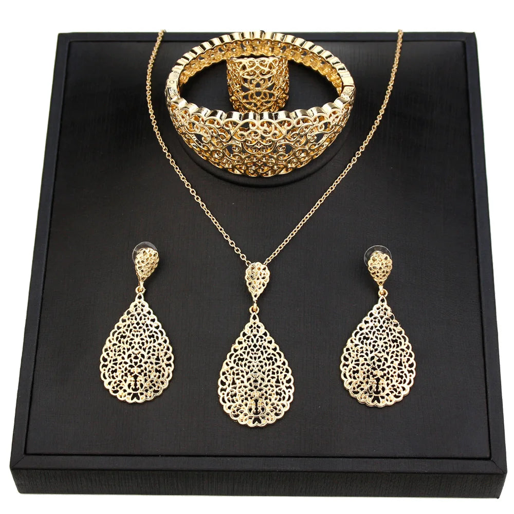 Arabian Bridal Jewelry Set — Gold Hollow Bangle, Necklace, Earrings & Ring for Women