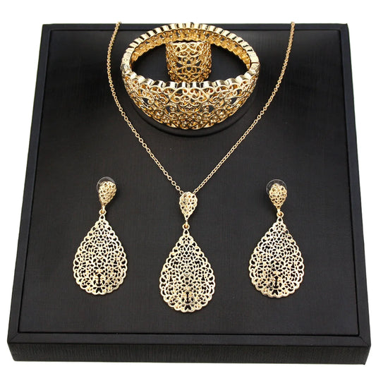 Arabian Bridal Jewelry Set — Gold Hollow Bangle, Necklace, Earrings & Ring for Women
