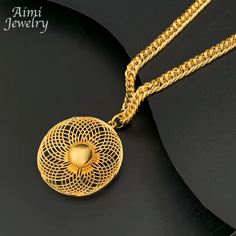 Dubai Bridal Gold Pendant Necklace & Hoop Earring Set